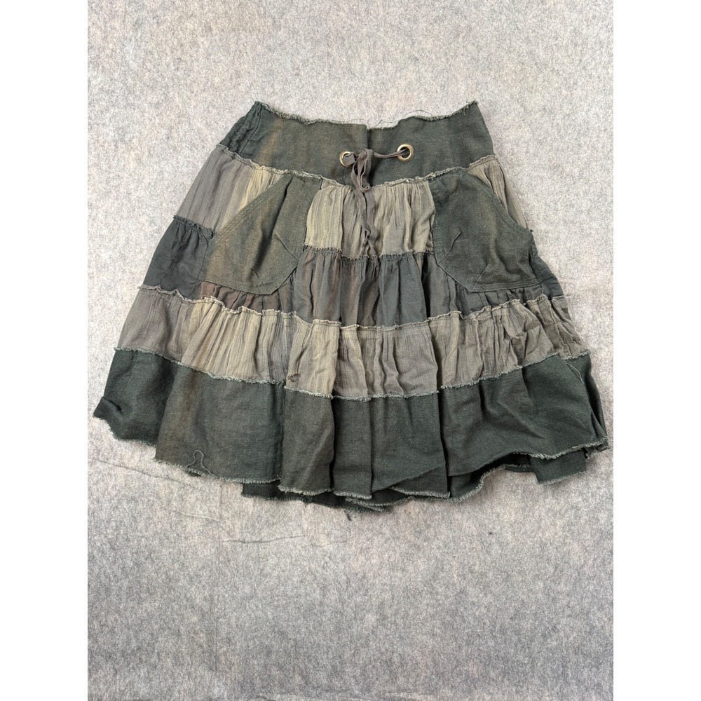 Free People Tiered Mini Skirt Womens S Green Ramie Cotton Boho Raw Hem Distress